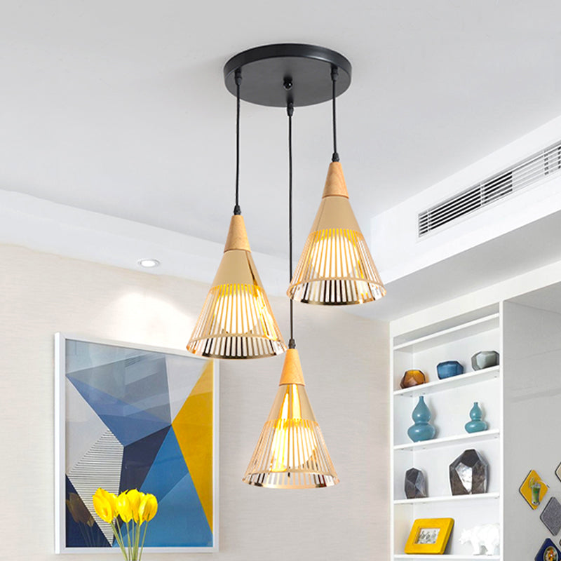 Deep Cone Cage Pendant Lighting Modern Wooden 3-Light Gold Multi Light Ceiling Light Gold Clearhalo 'Ceiling Lights' 'Modern Pendants' 'Modern' 'Pendant Lights' 'Pendants' Lighting' 1459553