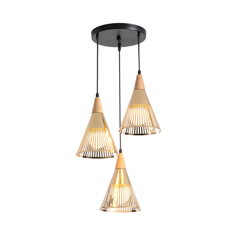 Deep Cone Cage Pendant Lighting Modern Wooden 3-Light Gold Multi Light Ceiling Light Clearhalo 'Ceiling Lights' 'Modern Pendants' 'Modern' 'Pendant Lights' 'Pendants' Lighting' 1459555