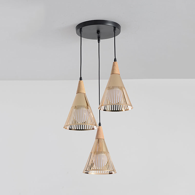 Deep Cone Cage Pendant Lighting Modern Wooden 3-Light Gold Multi Light Ceiling Light Clearhalo 'Ceiling Lights' 'Modern Pendants' 'Modern' 'Pendant Lights' 'Pendants' Lighting' 1459556