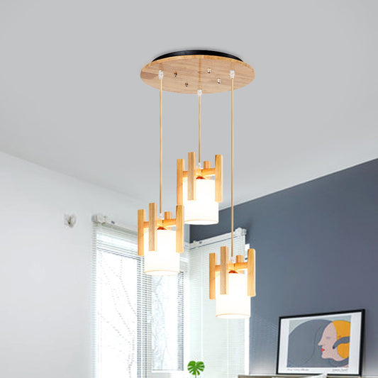 3 Lights Dinette Multi Light Pendant Modern Beige Ceiling Lamp with Column Fabric Shade and Wood Fence Top Wood Clearhalo 'Ceiling Lights' 'Modern Pendants' 'Modern' 'Pendant Lights' 'Pendants' Lighting' 1459568