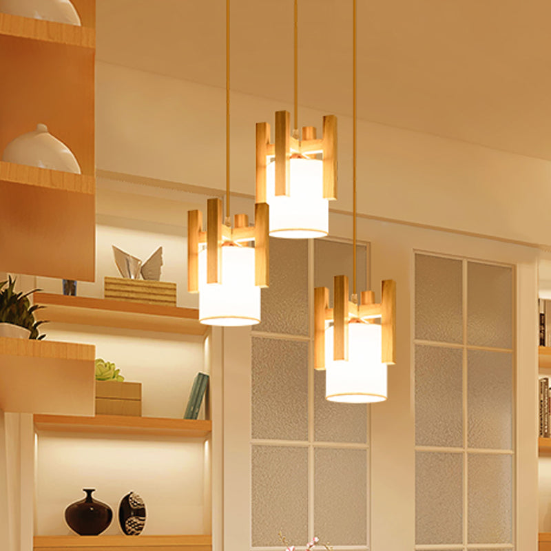 3 Lights Dinette Multi Light Pendant Modern Beige Ceiling Lamp with Column Fabric Shade and Wood Fence Top Clearhalo 'Ceiling Lights' 'Modern Pendants' 'Modern' 'Pendant Lights' 'Pendants' Lighting' 1459569