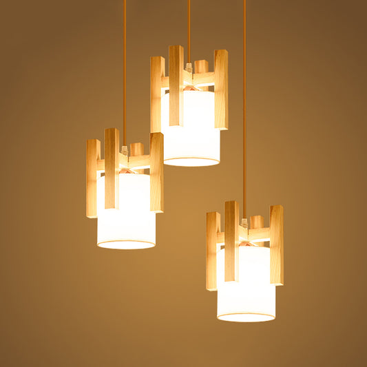 3 Lights Dinette Multi Light Pendant Modern Beige Ceiling Lamp with Column Fabric Shade and Wood Fence Top Clearhalo 'Ceiling Lights' 'Modern Pendants' 'Modern' 'Pendant Lights' 'Pendants' Lighting' 1459571