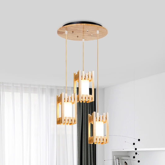 Wooden Cluster Arbor Pendant Asian 3 Bulbs Beige Ceiling Suspension Lamp with Inserted Fabric Lampshade Wood Clearhalo 'Ceiling Lights' 'Modern Pendants' 'Modern' 'Pendant Lights' 'Pendants' Lighting' 1459573