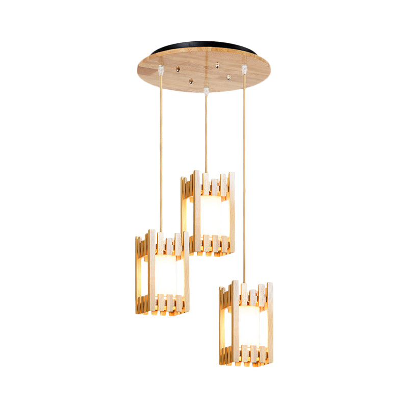 Wooden Cluster Arbor Pendant Asian 3 Bulbs Beige Ceiling Suspension Lamp with Inserted Fabric Lampshade Clearhalo 'Ceiling Lights' 'Modern Pendants' 'Modern' 'Pendant Lights' 'Pendants' Lighting' 1459575