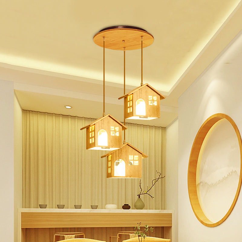 House Multi Hanging Light Fixture Lodge Wood 3 Heads Beige Pendant Lamp over Dining Table Clearhalo 'Ceiling Lights' 'Modern Pendants' 'Modern' 'Pendant Lights' 'Pendants' Lighting' 1459578