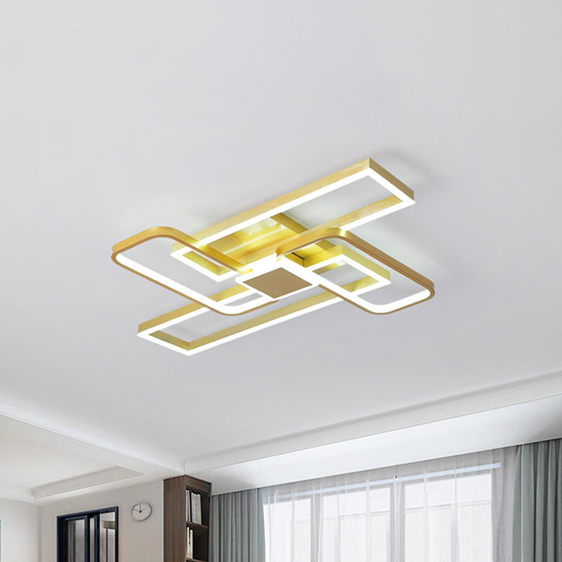 Gold Crisscrossed Rectangle Flush Light Modernist Acrylic 20.5"/34" Wide LED Surface Ceiling Lamp in Warm/White Light Gold 34" Clearhalo 'Ceiling Lights' 'Close To Ceiling Lights' 'Close to ceiling' 'Flush mount' Lighting' 1459599