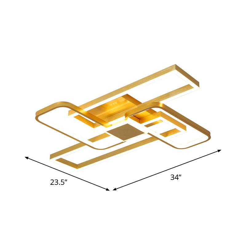 Gold Crisscrossed Rectangle Flush Light Modernist Acrylic 20.5"/34" Wide LED Surface Ceiling Lamp in Warm/White Light Clearhalo 'Ceiling Lights' 'Close To Ceiling Lights' 'Close to ceiling' 'Flush mount' Lighting' 1459602