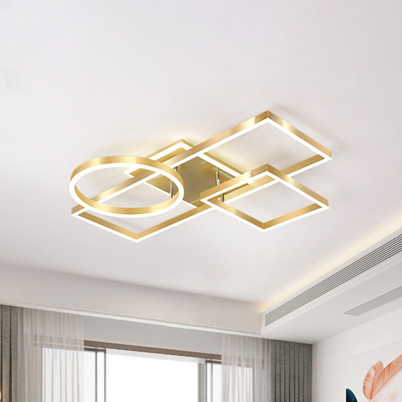 Modern Creative LED Ceiling Lamp Aluminum Golden/Coffee Geometric Framework Flush Mount Light in Warm/White Light, 20.5"/34" L Gold 34" Clearhalo 'Ceiling Lights' 'Close To Ceiling Lights' 'Close to ceiling' 'Flush mount' Lighting' 1459609