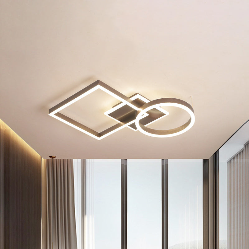 Modern Creative LED Ceiling Lamp Aluminum Golden/Coffee Geometric Framework Flush Mount Light in Warm/White Light, 20.5"/34" L Coffee 20.5" Clearhalo 'Ceiling Lights' 'Close To Ceiling Lights' 'Close to ceiling' 'Flush mount' Lighting' 1459614