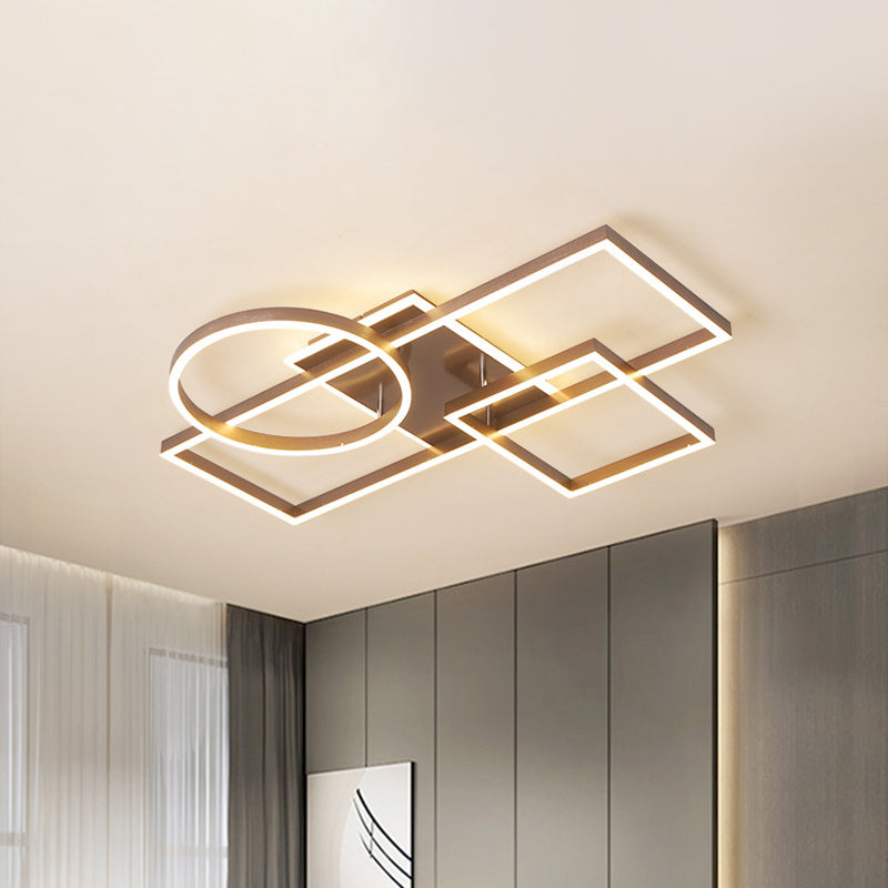 Modern Creative LED Ceiling Lamp Aluminum Golden/Coffee Geometric Framework Flush Mount Light in Warm/White Light, 20.5"/34" L Coffee 34" Clearhalo 'Ceiling Lights' 'Close To Ceiling Lights' 'Close to ceiling' 'Flush mount' Lighting' 1459618