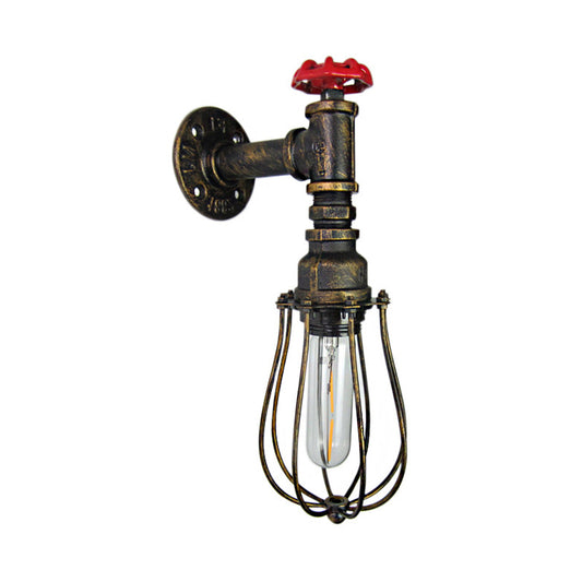 1 Head Bulb Shaped Wall Lamp with Wire Guard and Red Valve Industrial Antique Brass Iron Wall Mount Light Clearhalo 'Art deco wall lights' 'Cast Iron' 'Glass' 'Industrial wall lights' 'Industrial' 'Middle century wall lights' 'Modern' 'Rustic wall lights' 'Tiffany' 'Traditional wall lights' 'Wall Lamps & Sconces' 'Wall Lights' Lighting' 145965