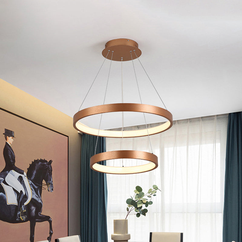 1/2/3-Tier Hoop Dinette Chandelier Metallic Minimalist LED Ceiling Pendant Light in Gold, Warm/White Light Gold 2 Tiers Clearhalo 'Ceiling Lights' 'Chandeliers' 'Modern Chandeliers' 'Modern' Lighting' 1459701