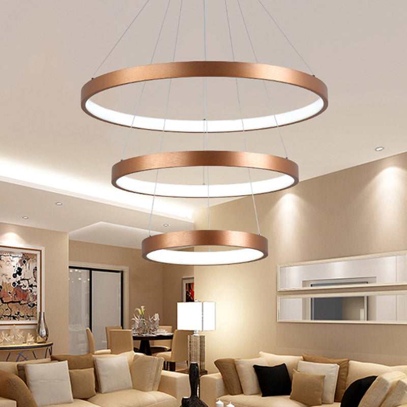 1/2/3-Tier Hoop Dinette Chandelier Metallic Minimalist LED Ceiling Pendant Light in Gold, Warm/White Light Clearhalo 'Ceiling Lights' 'Chandeliers' 'Modern Chandeliers' 'Modern' Lighting' 1459705