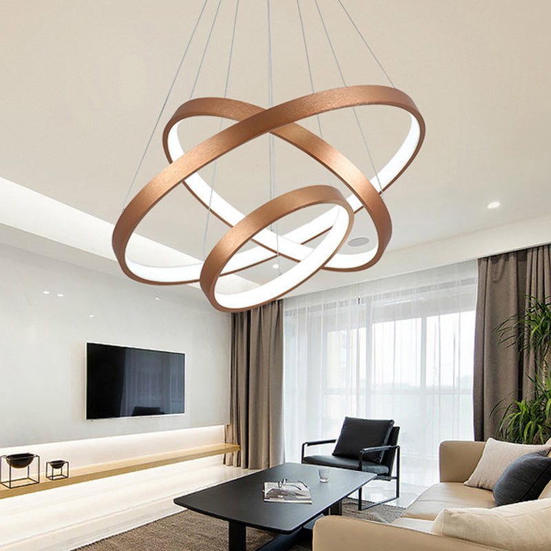 1/2/3-Tier Hoop Dinette Chandelier Metallic Minimalist LED Ceiling Pendant Light in Gold, Warm/White Light Gold 3 Tiers Clearhalo 'Ceiling Lights' 'Chandeliers' 'Modern Chandeliers' 'Modern' Lighting' 1459706