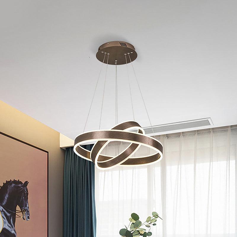 Modern Elegant LED Chandelier Acrylic Coffee 1/2/3-Tier Loop Pendant Lighting with Height Adjustable Design, Warm/White Light Coffee 2 Tiers Clearhalo 'Ceiling Lights' 'Chandeliers' 'Modern Chandeliers' 'Modern' Lighting' 1459716