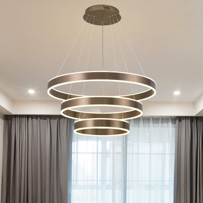 Modern Elegant LED Chandelier Acrylic Coffee 1/2/3-Tier Loop Pendant Lighting with Height Adjustable Design, Warm/White Light Coffee 3 Tiers Clearhalo 'Ceiling Lights' 'Chandeliers' 'Modern Chandeliers' 'Modern' Lighting' 1459721
