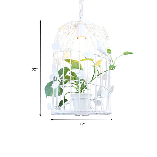 Vintage Bird Cage Ceiling Lamp 1 Bulb Iron Pendant Light in White with Potted Plant Design Clearhalo 'Art Deco Pendants' 'Cast Iron' 'Ceiling Lights' 'Ceramic' 'Crystal' 'Industrial Pendants' 'Industrial' 'Metal' 'Middle Century Pendants' 'Pendant Lights' 'Pendants' 'Tiffany' Lighting' 1459780