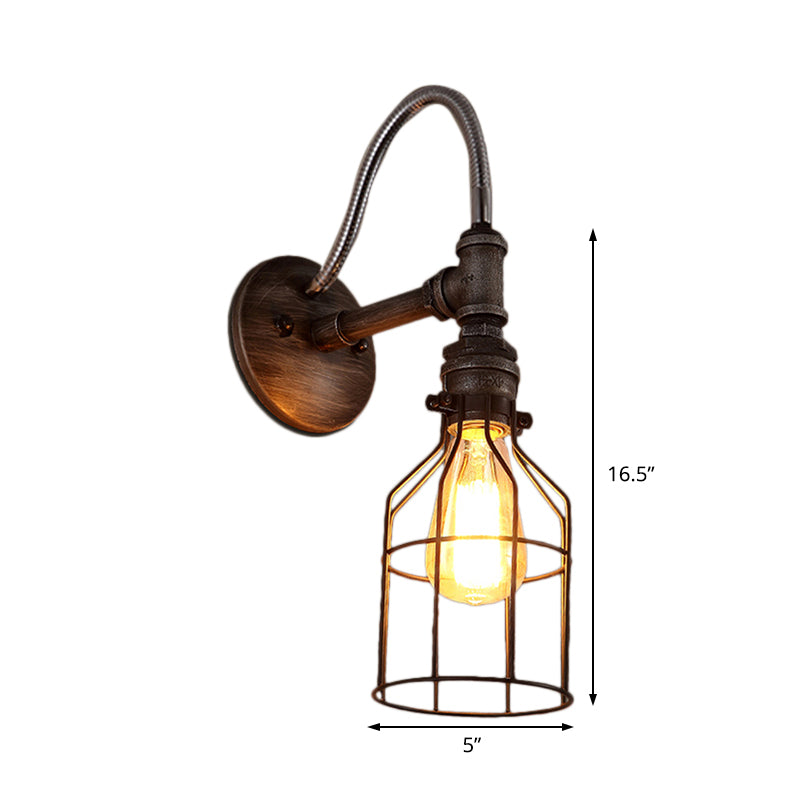 Warehouse Caged Wall Light Fixture with Gooseneck Arm 1 Light Metal Wall Sconce Light in Rust Clearhalo 'Art deco wall lights' 'Cast Iron' 'Glass' 'Industrial wall lights' 'Industrial' 'Middle century wall lights' 'Modern' 'Rustic wall lights' 'Tiffany' 'Traditional wall lights' 'Wall Lamps & Sconces' 'Wall Lights' Lighting' 145980