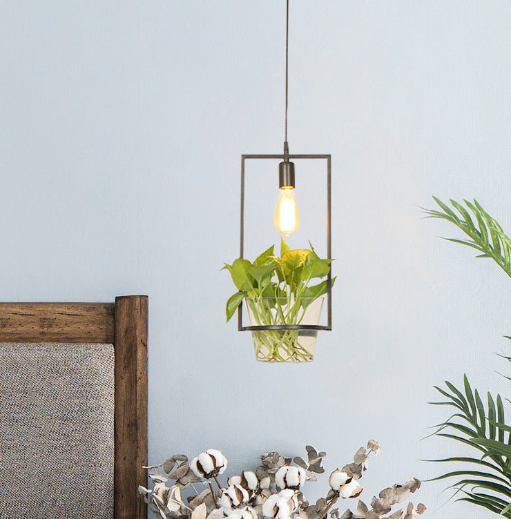 Black 1-Head Down Lighting Retro Iron Square/Round/Gourd Ceiling Pendant Light with Potted Plant for Restaurant Black A Clearhalo 'Art Deco Pendants' 'Black' 'Cast Iron' 'Ceiling Lights' 'Ceramic' 'Crystal' 'Industrial Pendants' 'Industrial' 'Metal' 'Middle Century Pendants' 'Pendant Lights' 'Pendants' 'Rustic Pendants' 'Tiffany' Lighting' 1459897