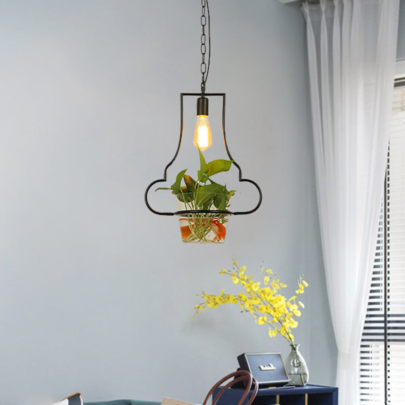 Black 1-Head Down Lighting Retro Iron Square/Round/Gourd Ceiling Pendant Light with Potted Plant for Restaurant Clearhalo 'Art Deco Pendants' 'Black' 'Cast Iron' 'Ceiling Lights' 'Ceramic' 'Crystal' 'Industrial Pendants' 'Industrial' 'Metal' 'Middle Century Pendants' 'Pendant Lights' 'Pendants' 'Rustic Pendants' 'Tiffany' Lighting' 1459915