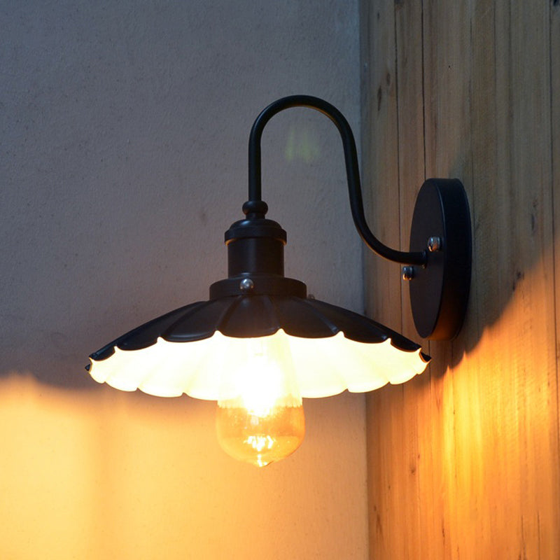 Gooseneck Metal Wall Sconce Light Industrial 9.5"/13" W 1 Light Corridor Wall Lamp with Scalloped Shade in Black Clearhalo 'Art deco wall lights' 'Cast Iron' 'Glass' 'Industrial wall lights' 'Industrial' 'Middle century wall lights' 'Modern' 'Rustic wall lights' 'Tiffany' 'Traditional wall lights' 'Wall Lamps & Sconces' 'Wall Lights' Lighting' 145992