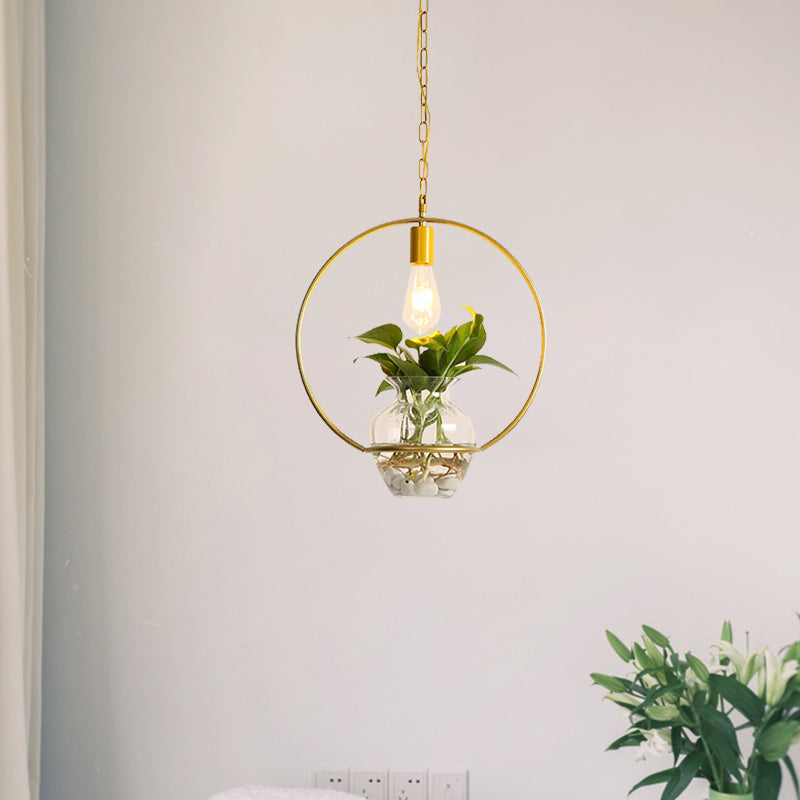 Vintage Square/Round/Gourd Pendant 1 Bulb Iron Down Lighting in Gold with Potted Plant for Living Room Clearhalo 'Art Deco Pendants' 'Cast Iron' 'Ceiling Lights' 'Ceramic' 'Crystal' 'Industrial Pendants' 'Industrial' 'Metal' 'Middle Century Pendants' 'Pendant Lights' 'Pendants' 'Tiffany' Lighting' 1459924