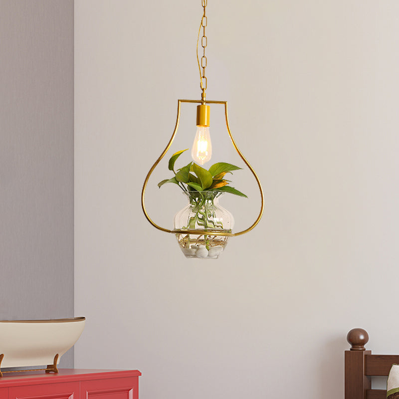 Vintage Square/Round/Gourd Pendant 1 Bulb Iron Down Lighting in Gold with Potted Plant for Living Room Gold C Clearhalo 'Art Deco Pendants' 'Cast Iron' 'Ceiling Lights' 'Ceramic' 'Crystal' 'Industrial Pendants' 'Industrial' 'Metal' 'Middle Century Pendants' 'Pendant Lights' 'Pendants' 'Tiffany' Lighting' 1459927