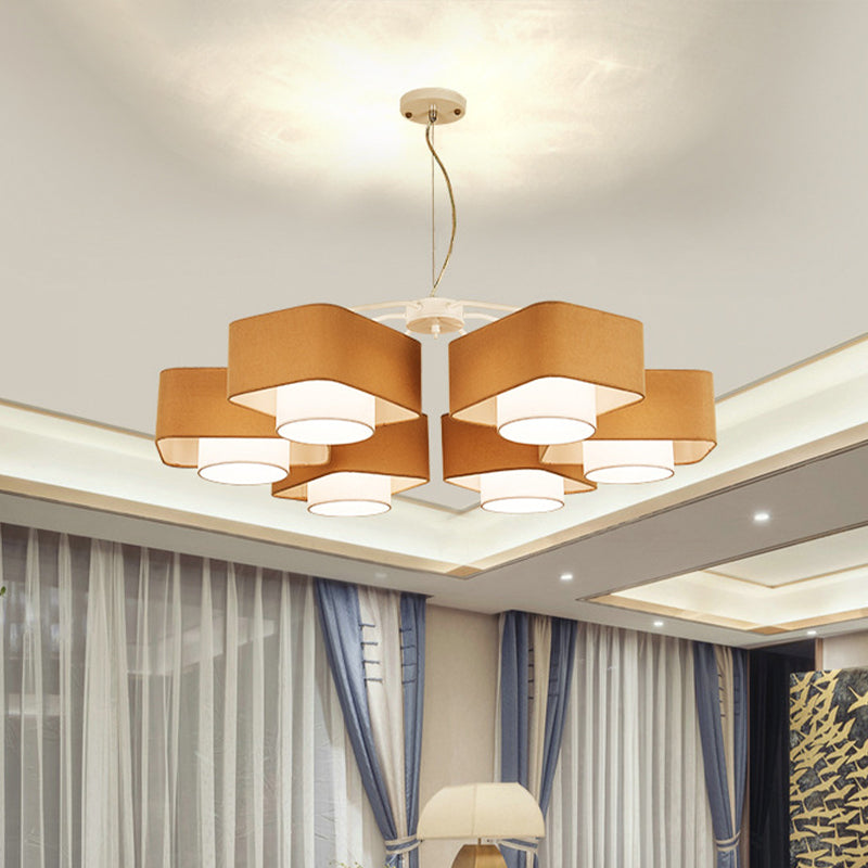 Nordic 2 Shades Fabric Chandelier Pendant 6 Heads Hanging Light Fixture in Brown over Table Clearhalo 'Ceiling Lights' 'Chandeliers' 'Modern Chandeliers' 'Modern' Lighting' 1459936