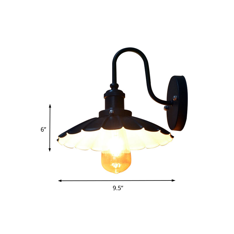 Gooseneck Metal Wall Sconce Light Industrial 9.5"/13" W 1 Light Corridor Wall Lamp with Scalloped Shade in Black Clearhalo 'Art deco wall lights' 'Cast Iron' 'Glass' 'Industrial wall lights' 'Industrial' 'Middle century wall lights' 'Modern' 'Rustic wall lights' 'Tiffany' 'Traditional wall lights' 'Wall Lamps & Sconces' 'Wall Lights' Lighting' 145995