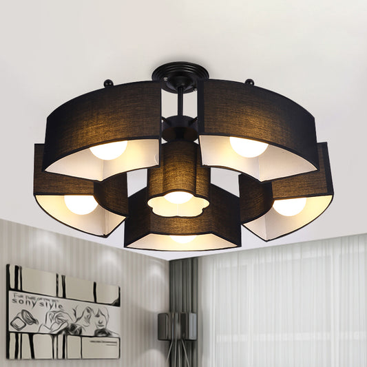 Black/White Curved Block Flushmount Contemporary 6 Heads Fabric Semi Mount Lighting for Living Room Black Clearhalo 'Ceiling Lights' 'Close To Ceiling Lights' 'Close to ceiling' 'Semi-flushmount' Lighting' 1459997