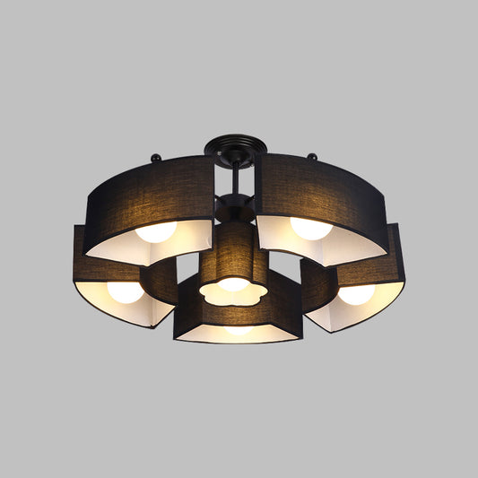 Black/White Curved Block Flushmount Contemporary 6 Heads Fabric Semi Mount Lighting for Living Room Clearhalo 'Ceiling Lights' 'Close To Ceiling Lights' 'Close to ceiling' 'Semi-flushmount' Lighting' 1460000