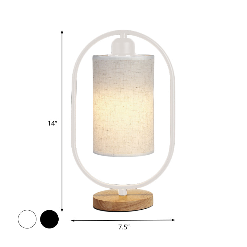 Column Plug In Nightstand Lighting Modern Fabric 1-Light Bedside Table Light with Black/White Ellipse Frame and Wood Base Clearhalo 'Lamps' 'Table Lamps' Lighting' 1460035