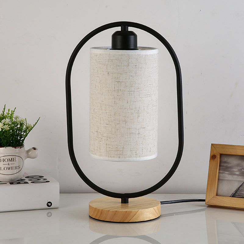 Column Plug In Nightstand Lighting Modern Fabric 1-Light Bedside Table Light with Black/White Ellipse Frame and Wood Base Clearhalo 'Lamps' 'Table Lamps' Lighting' 1460038