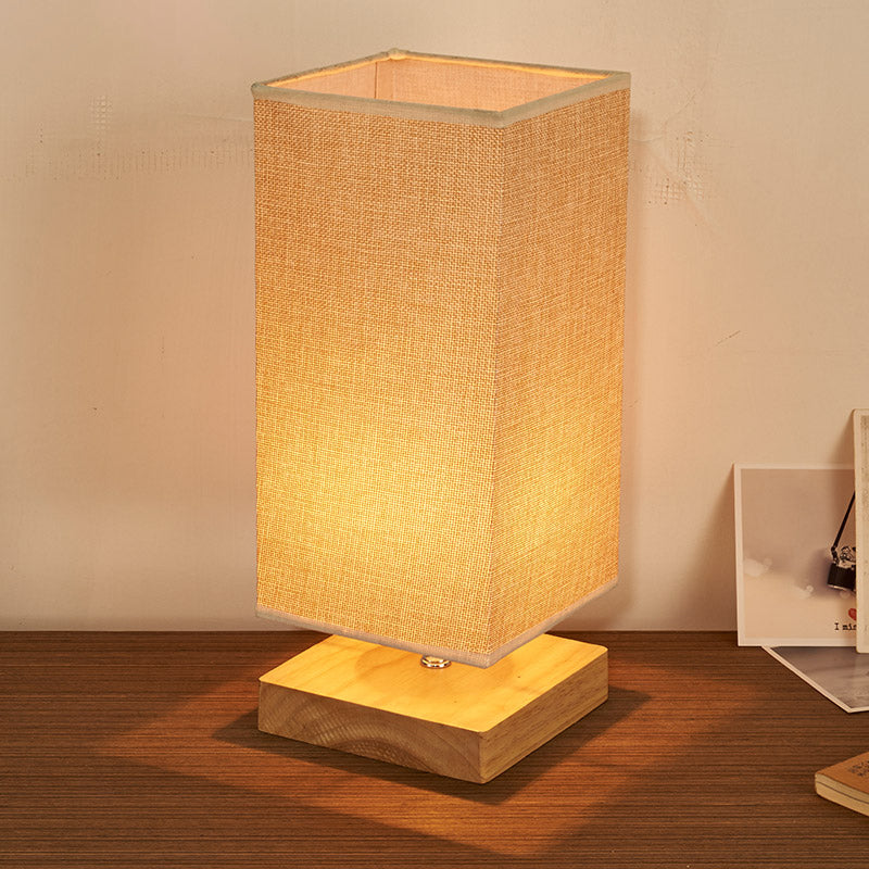 Simple Rectangle Fabric Table Lighting 1 Head Night Stand Lamp in Beige with Wood Pedestal Beige Clearhalo 'Lamps' 'Table Lamps' Lighting' 1460040