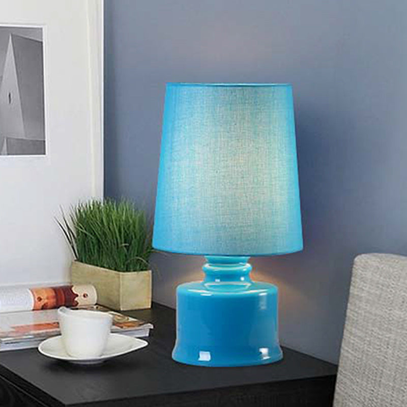 Fabric Cylindrical Night Lamp Macaron 1 Light Blue/Yellow/White Table Light with Drum Glass Base Clearhalo 'Lamps' 'Table Lamps' Lighting' 1460065