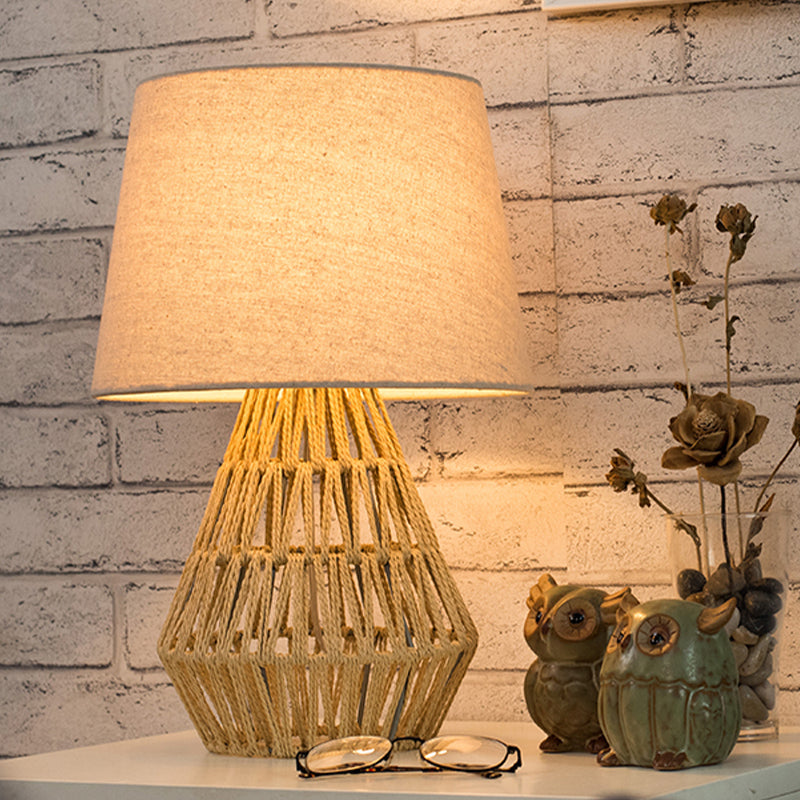 Flaxen Empire Shade Nightstand Light Nordic 1 Bulb Fabric Table Lamp with Rope Woven Urn Base Flaxen Clearhalo 'Lamps' 'Table Lamps' Lighting' 1460072