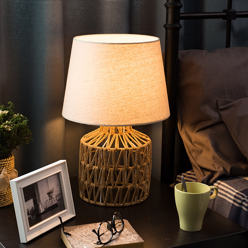 Flaxen Empire Shade Nightstand Light Nordic 1 Bulb Fabric Table Lamp with Rope Woven Urn Base Clearhalo 'Lamps' 'Table Lamps' Lighting' 1460073