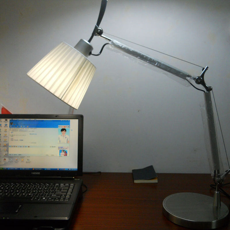 Truncated Cone Pleated Fabric Task Light Modernist 1 Head Chrome Desk Lamp with 2-Joint Swing Arm Clearhalo 'Lamps' 'Table Lamps' Lighting' 1460094