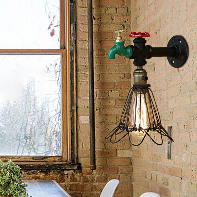 Black Finish 1 Bulb Wall Sconce Rustic Metal Caged Shade Lighting Fixture with Faucet and Valve Black Clearhalo 'Art deco wall lights' 'Cast Iron' 'Glass' 'Industrial wall lights' 'Industrial' 'Middle century wall lights' 'Modern' 'Rustic wall lights' 'Tiffany' 'Traditional wall lights' 'Wall Lamps & Sconces' 'Wall Lights' Lighting' 146010