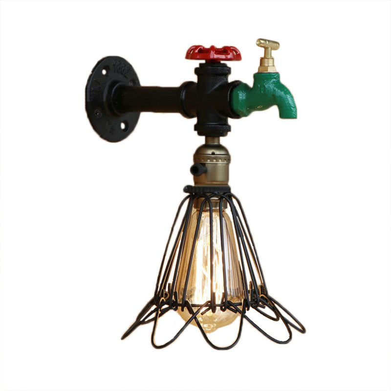 Black Finish 1 Bulb Wall Sconce Rustic Metal Caged Shade Lighting Fixture with Faucet and Valve Clearhalo 'Art deco wall lights' 'Cast Iron' 'Glass' 'Industrial wall lights' 'Industrial' 'Middle century wall lights' 'Modern' 'Rustic wall lights' 'Tiffany' 'Traditional wall lights' 'Wall Lamps & Sconces' 'Wall Lights' Lighting' 146012