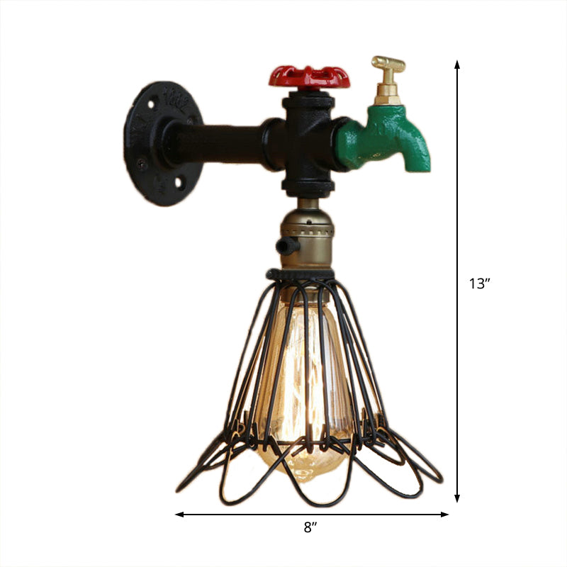 Black Finish 1 Bulb Wall Sconce Rustic Metal Caged Shade Lighting Fixture with Faucet and Valve Clearhalo 'Art deco wall lights' 'Cast Iron' 'Glass' 'Industrial wall lights' 'Industrial' 'Middle century wall lights' 'Modern' 'Rustic wall lights' 'Tiffany' 'Traditional wall lights' 'Wall Lamps & Sconces' 'Wall Lights' Lighting' 146013