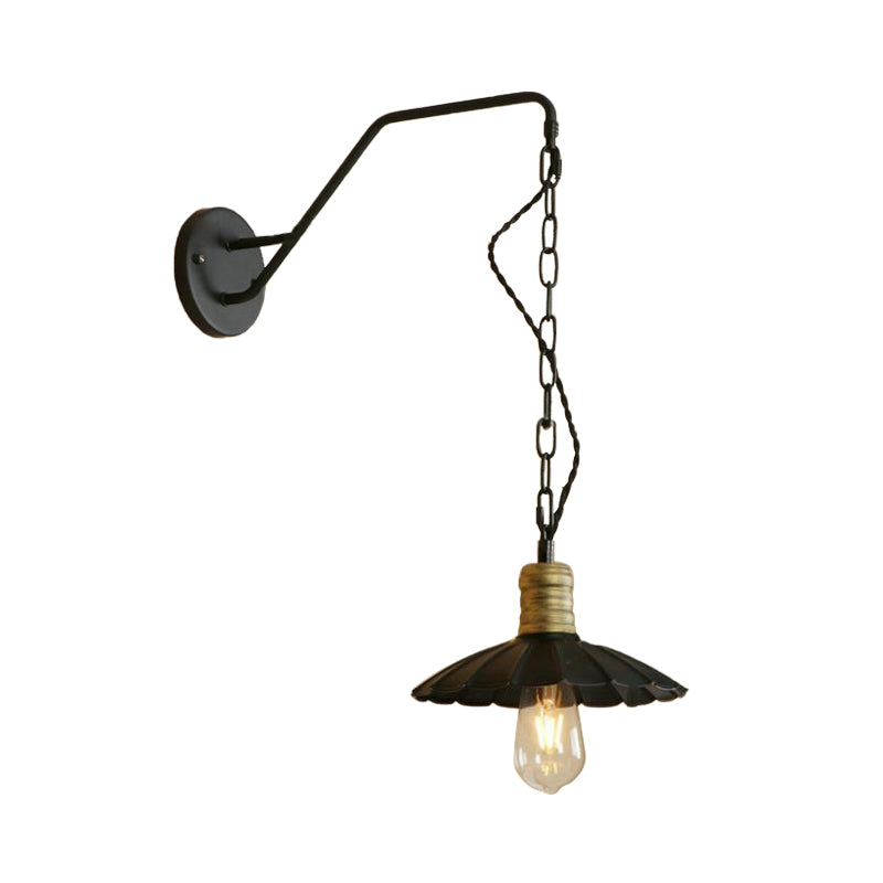 Black Scalloped Wall Hanging Light Vintage Stylish Metallic 1 Bulb Dining Table Wall Sconce Light, 10"/14" Width Clearhalo 'Art deco wall lights' 'Cast Iron' 'Glass' 'Industrial wall lights' 'Industrial' 'Middle century wall lights' 'Modern' 'Rustic wall lights' 'Tiffany' 'Traditional wall lights' 'Wall Lamps & Sconces' 'Wall Lights' Lighting' 146016