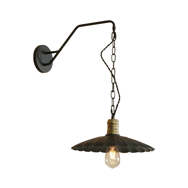 Black Scalloped Wall Hanging Light Vintage Stylish Metallic 1 Bulb Dining Table Wall Sconce Light, 10"/14" Width Clearhalo 'Art deco wall lights' 'Cast Iron' 'Glass' 'Industrial wall lights' 'Industrial' 'Middle century wall lights' 'Modern' 'Rustic wall lights' 'Tiffany' 'Traditional wall lights' 'Wall Lamps & Sconces' 'Wall Lights' Lighting' 146020
