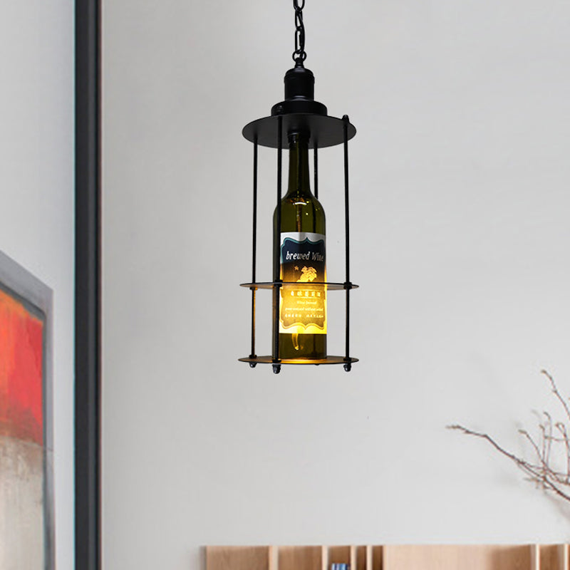 Vintage Wine Bottle Drop Pendant 1 Bulb Black Glass Hanging Lamp in Black with Wire Cage Clearhalo 'Ceiling Lights' 'Glass shade' 'Glass' 'Industrial Pendants' 'Industrial' 'Middle Century Pendants' 'Pendant Lights' 'Pendants' 'Tiffany' Lighting' 1460240