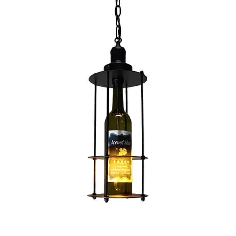 Vintage Wine Bottle Drop Pendant 1 Bulb Black Glass Hanging Lamp in Black with Wire Cage Clearhalo 'Ceiling Lights' 'Glass shade' 'Glass' 'Industrial Pendants' 'Industrial' 'Middle Century Pendants' 'Pendant Lights' 'Pendants' 'Tiffany' Lighting' 1460242