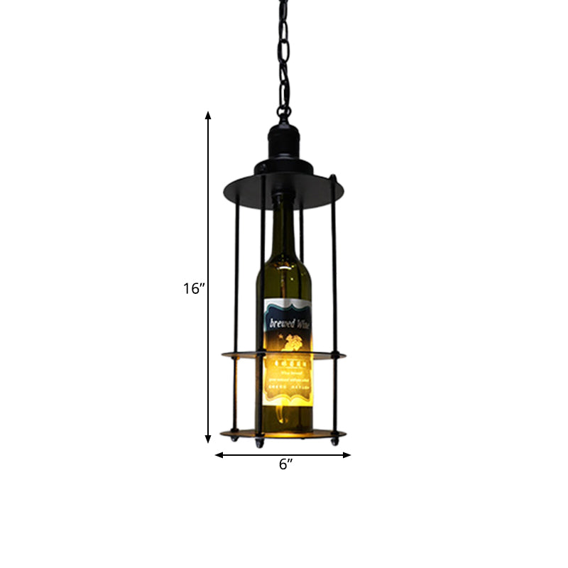 Vintage Wine Bottle Drop Pendant 1 Bulb Black Glass Hanging Lamp in Black with Wire Cage Clearhalo 'Ceiling Lights' 'Glass shade' 'Glass' 'Industrial Pendants' 'Industrial' 'Middle Century Pendants' 'Pendant Lights' 'Pendants' 'Tiffany' Lighting' 1460243