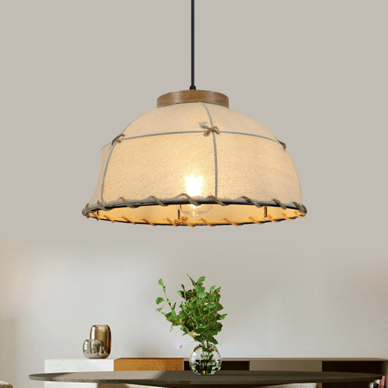 Fabric Beige Ceiling Suspension Lamp Bowl 1 Light Farm Style Pendant Light with Wooden Top, 14"/16"/18" Wide Clearhalo 'Ceiling Lights' 'Industrial Pendants' 'Industrial' 'Middle Century Pendants' 'Pendant Lights' 'Pendants' 'Tiffany' Lighting' 1460245