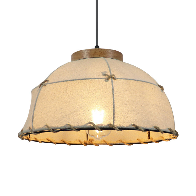 Fabric Beige Ceiling Suspension Lamp Bowl 1 Light Farm Style Pendant Light with Wooden Top, 14"/16"/18" Wide Clearhalo 'Ceiling Lights' 'Industrial Pendants' 'Industrial' 'Middle Century Pendants' 'Pendant Lights' 'Pendants' 'Tiffany' Lighting' 1460247