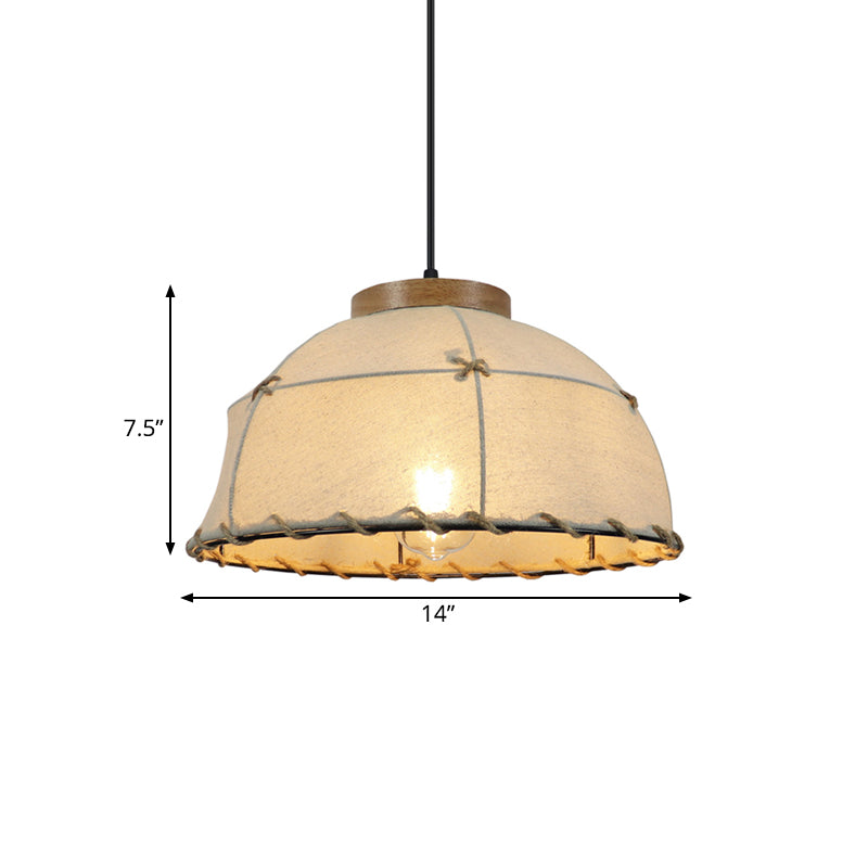 Fabric Beige Ceiling Suspension Lamp Bowl 1 Light Farm Style Pendant Light with Wooden Top, 14"/16"/18" Wide Clearhalo 'Ceiling Lights' 'Industrial Pendants' 'Industrial' 'Middle Century Pendants' 'Pendant Lights' 'Pendants' 'Tiffany' Lighting' 1460248