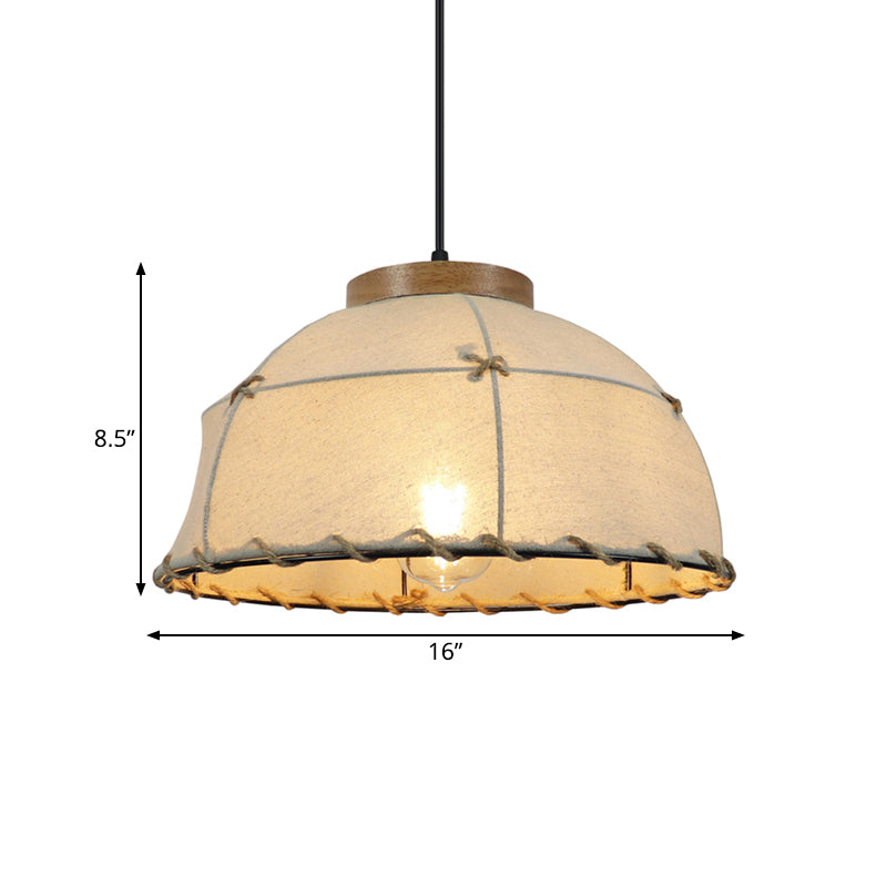 Fabric Beige Ceiling Suspension Lamp Bowl 1 Light Farm Style Pendant Light with Wooden Top, 14"/16"/18" Wide Clearhalo 'Ceiling Lights' 'Industrial Pendants' 'Industrial' 'Middle Century Pendants' 'Pendant Lights' 'Pendants' 'Tiffany' Lighting' 1460249